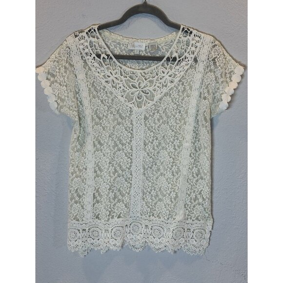 Miss Me Top Size Medium Ivory Corchet Lace Short Sleeve Semi Sheer Excellent - Picture 1 of 9
